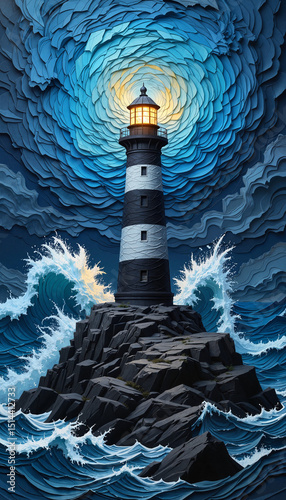 Lighthouse standing tall with a serene atmosphere in a stormy sea background
