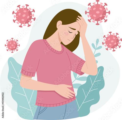 Women have a headache. The art style is flat vector