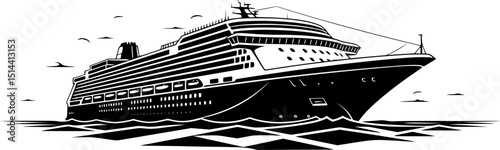 cruise ship, black and white, silhouette, vector illustration, minimalist, clean lines, stylized, geometric shapes, high contrast, sleek design
