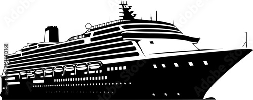 cruise ship, black and white, silhouette, vector illustration, minimalist, clean lines, stylized, geometric shapes, high contrast, sleek design
