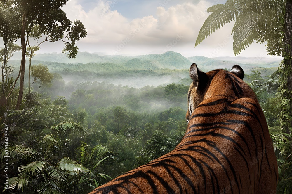 Fototapeta premium Tiger gaze over lush jungle canopy