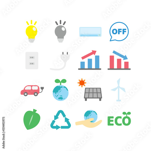 節電とエコのベクターアイコンセット：環境・持続可能性 - Electricity Saving and Eco Vector Icon Set: Environment and Sustainability