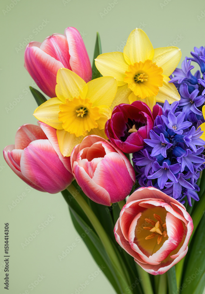 Obraz premium A stunning bouquet of colorful tulips, daffodils, and hyacinths in full bloom.