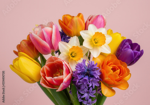 A vibrant bouquet of colorful tulips and daffodils blossoms on a soft pink backdrop.