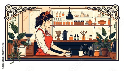 an art nouveau illustration of barista, positioned right, ,no text, no logo, isolated white background