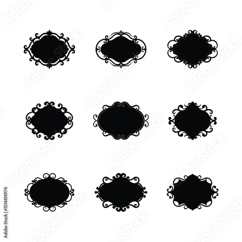 Collection of ornate black frames on white background