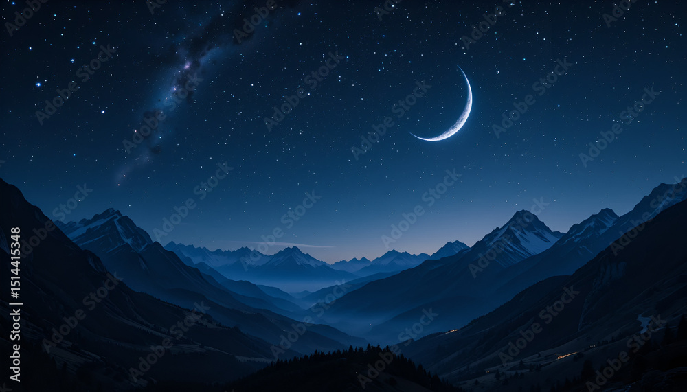 Obraz premium Scenic Night Sky with Crescent Moon Over Mountain Range Under Starry Sky – Serene Nature Landscape at Dusk