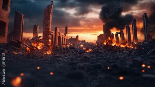 Post apocalyptic ruins with burning fire and dark smoke, destruction and rubble under dramatic orange sunset sky, chaos and disaster in collapsed landscape with ash and flame