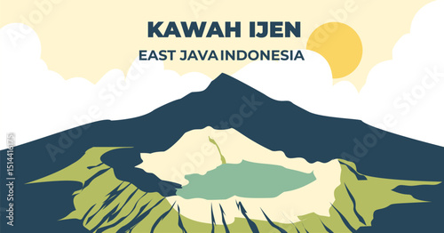 Kawah Ijen Volcano, East Java Indonesia – Flat Vector Illustration of Crater and Landscape
