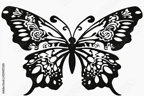 Ornate butterfly design in black and white.