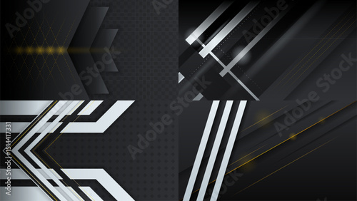 Set Abstract Collection Dark Black Gold Material Modern Background With Golden Lines Stripes Shadows Backdrop Wallpaper Decoration Vector Design Style