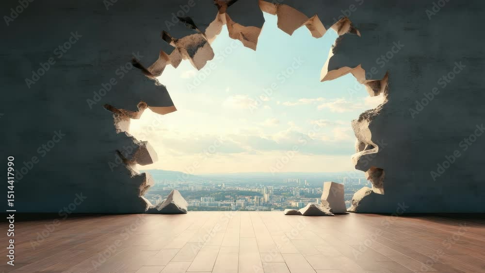 Large hole in concrete wall reveals bright cityscape with buildings and mountains under partly cloudy sky, creating dramatic contrast with empty wooden floor inside dark urban room