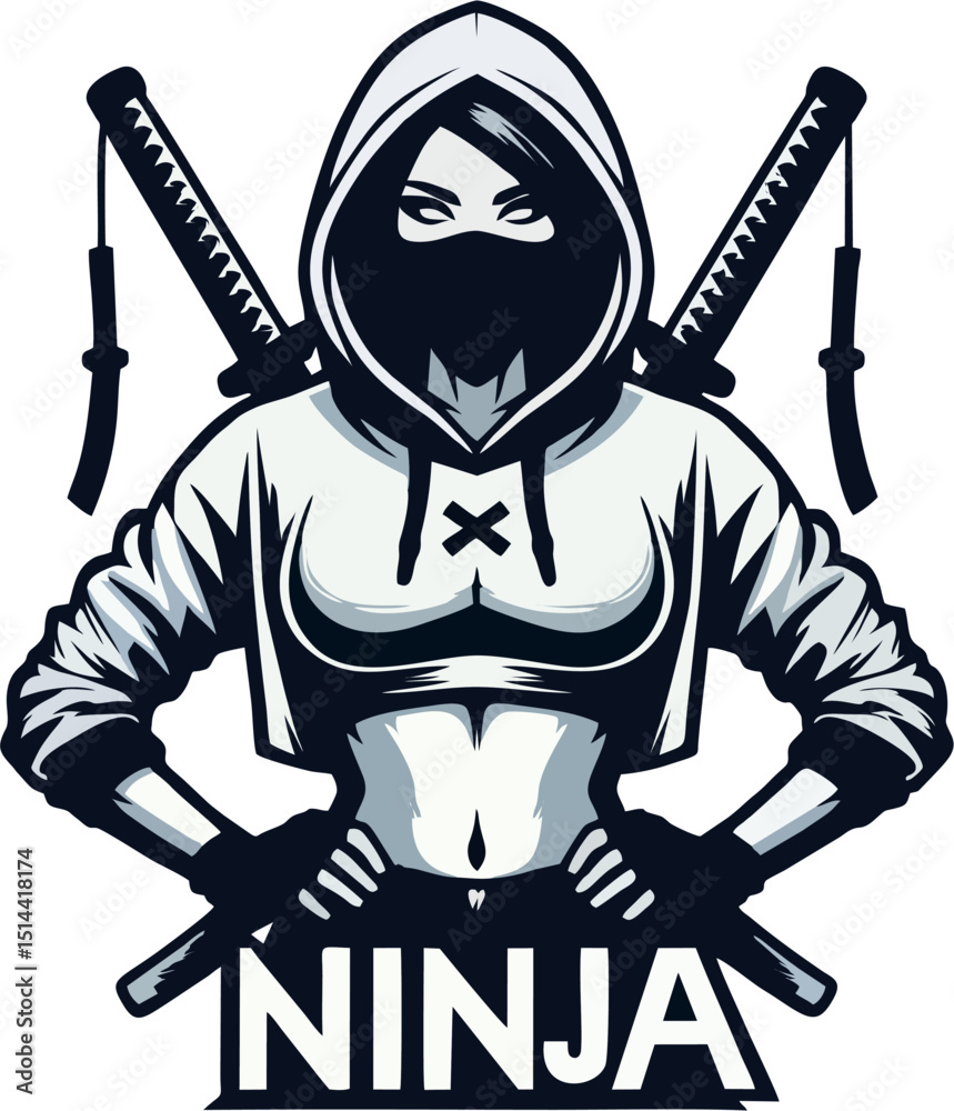 Obraz premium Stylized Female Ninja Warrior in Hoodie with Dual Katanas – Vector Mascot Design