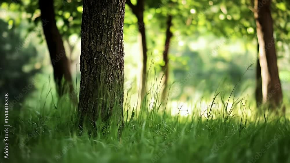 Sunlit Forest Floor with Tree Trunk and Dewy Grass in Focus with Green Foliage in Soft Background Sunlit Forest Floor with Tree Trunk and Dewy Grass in Focus with Green Foliage in Soft Background