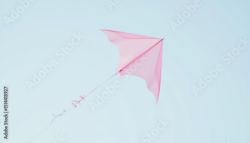 Pink kite soars gracefully against clear blue background, capturing essence of freedom and joy. delicate design and vibrant color create playful atmosphere, inviting smiles and nostalgia