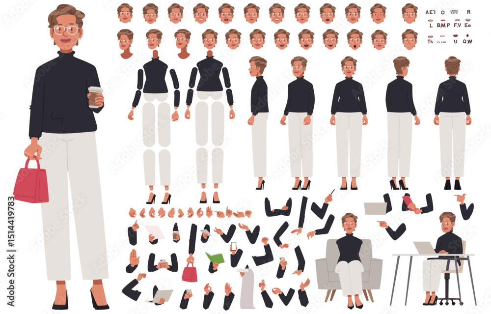 Business mature woman character constructor. CEO or entrepreneur. Set of different positions of arms legs body and head for creating animation