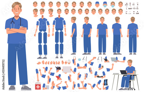 Male nurse character constructor. Health worker,doctor or surgeon. Set of arms legs body and head positions for creating animation
