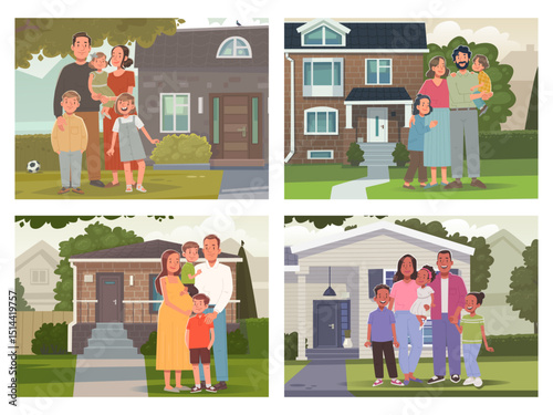 Young happy multicultural families with their houses in the background. Vector illustration