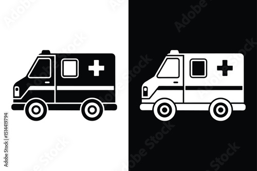 Medical Ambulance Icon Bundle. Emergency Car Silhouette Vectors in Black & White