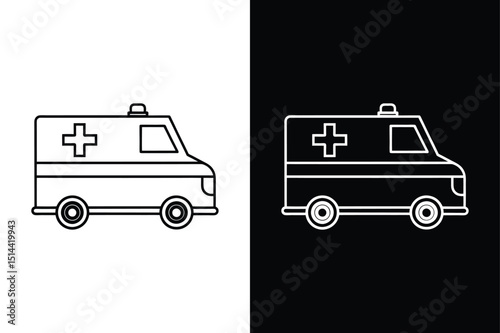 Ambulance Car Vector. Medical Van & Emergency Support line Icon in Black & White