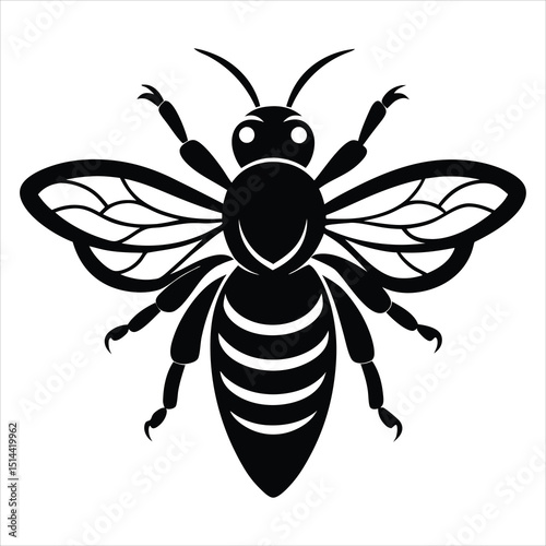 Black and white vector silhouette of a wasp with detailed wings and antennae, black and white wasp silhouette, cute wasp line art silhouette vector illustration