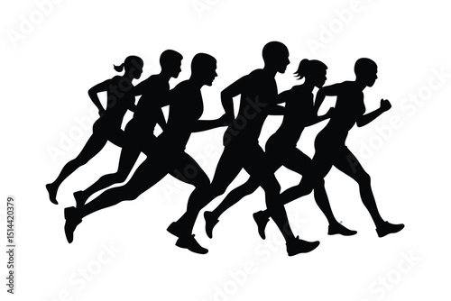 "Marathon Runners Silhouette – Group of Men and Women Running – Vector Illustration"

