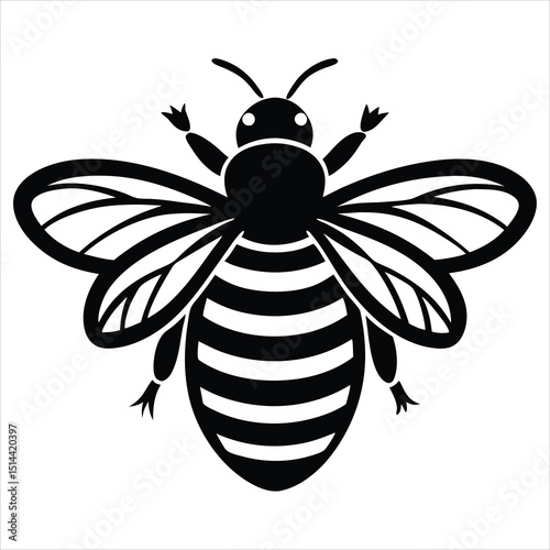Black and white vector silhouette of a wasp with detailed wings and antennae, black and white wasp silhouette, cute wasp line art silhouette vector illustration