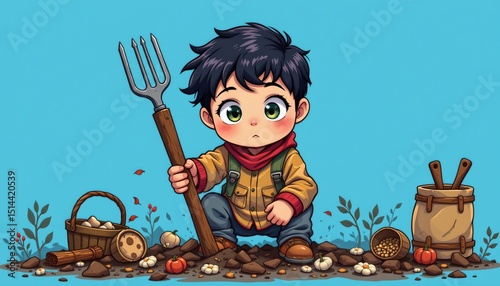 a manga style illustration of child labor, centered, ,no text, no logo, isolated blue background