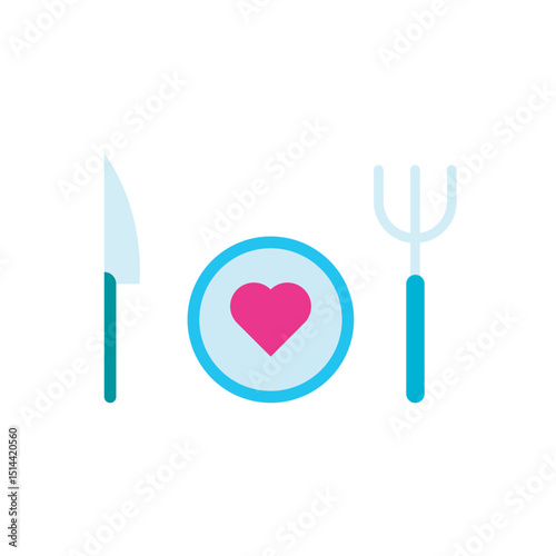 Vector of fork, knife, and plate with heart symbolizing a romantic dinner date or Valentine’s meal.