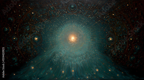 interior art for spiritual healing book | universal consciousness | transcendent calm | emerald and topaz blend | radiant center alignment | cosmic wombs | radiant drapery detailing | hatching glow |