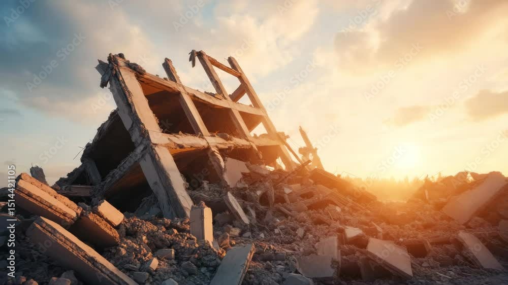 Damaged building rubble destruction sunset debris disaster broken structure ruins concrete collapse with warm sunlight and cloudy sky showing abandoned wreckage and emergency outdoor environment