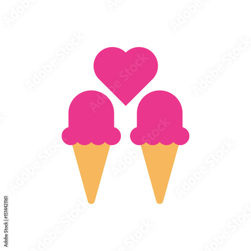 Two ice cream cones topped with pink hearts, representing sweet love or romantic treats.