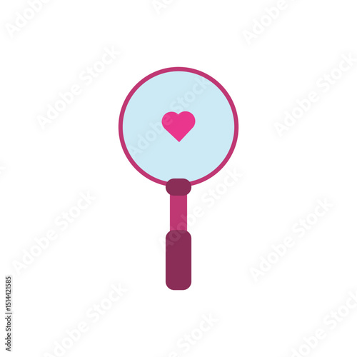 Magnifying and heart icon vector illustration. magnifying glass with a pink heart in the center, representing the search for love or online dating concepts.