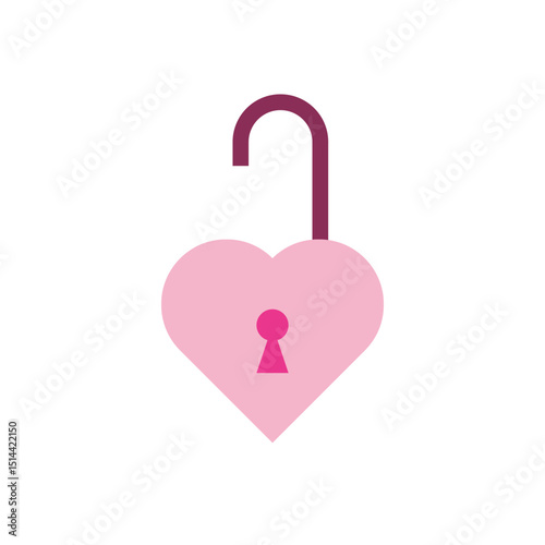 Pink unlock heart icon vector design illustration. heart-shaped padlock in pink, shown open, symbolizing emotional openness, trust, or breaking free in love.