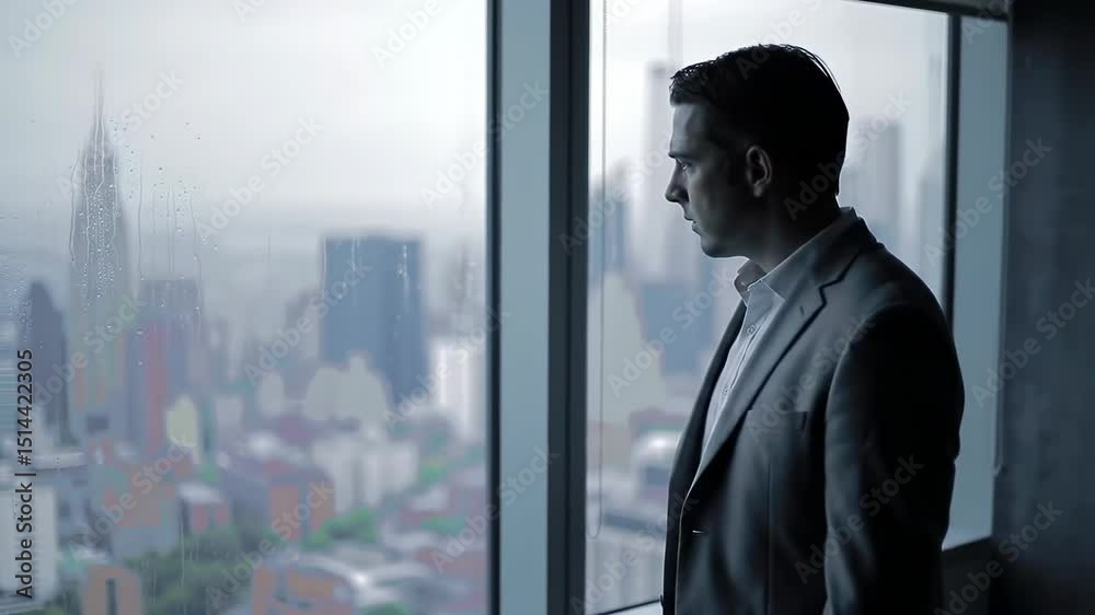 Contemplative businessman looks out rain-streaked window at city vista Contemplative businessman looks out rain-streaked window at city vista