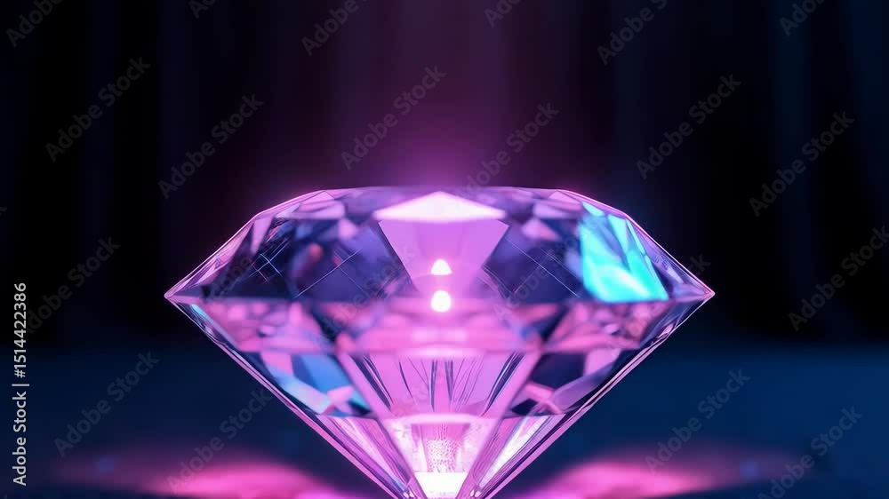 Luminous, faceted purple diamond radiating light against a dark, reflective surface. A captivating, jewel-toned spectacle
