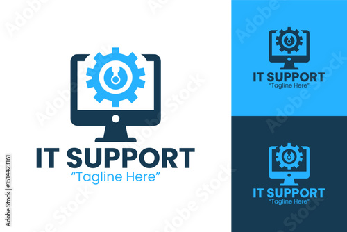 Creative IT Support Logo with Computer and Gear for Modern Tech Businesses