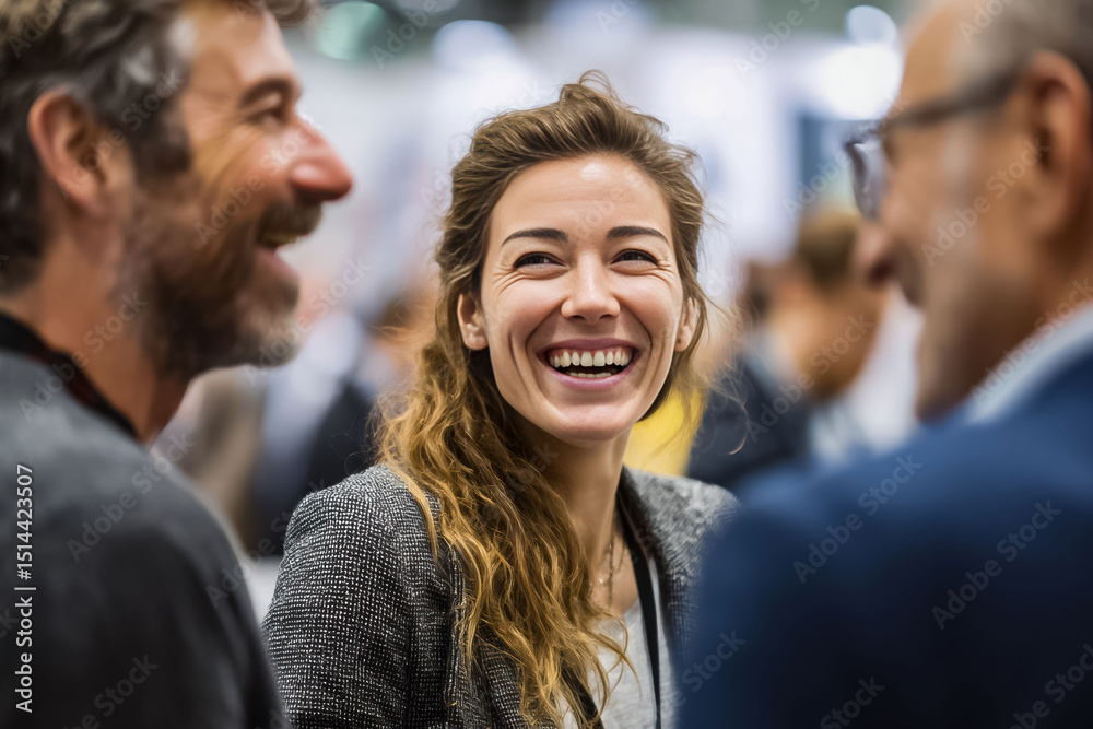 A group of business professionals engaged in lively conversation, smiling and networking at a business event, relaxed and joyful atmosphere of collaboration and social interaction. A group of business professionals engaged in lively conversation, smiling and networking at a business event, relaxed and joyful atmosphere of collaboration and social interaction.