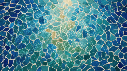 Close-up of vibrant blue mosaic tile pattern with intricate detailed natural stone design for decorative surfaces in modern interior and outdoor architecture