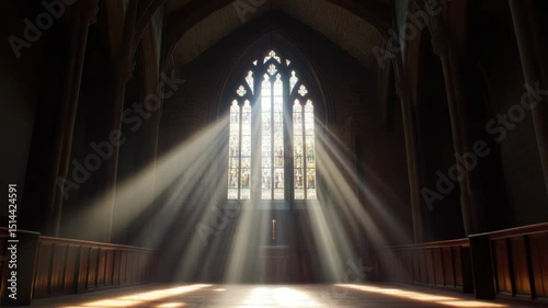 Sunlight beams through stained glass window in dark gothic church interior, illuminating wooden pews and stone wall, creating peaceful and spiritual atmosphere with warm beam light