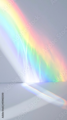 A vibrant rainbow-colored light streams through a large window, casting a spectrum of hues across the room, illuminating the walls and floor.
