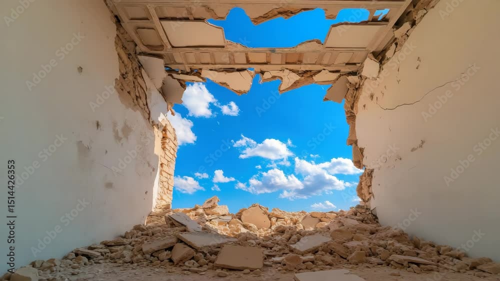Broken wall rubble with debris and damaged building showing large hole, plaster and bricks under blue sky with clouds, destruction and ruin in outdoor daylight architecture collapse structure
