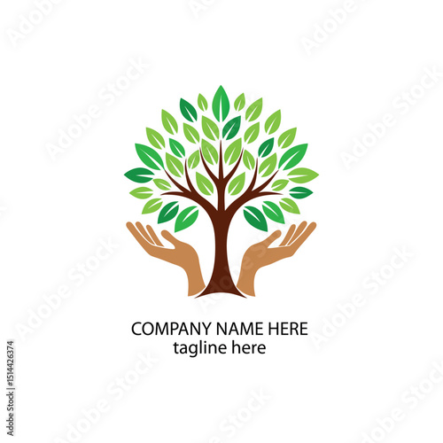 A stylized illustration of two hands in brown shades, positioned upward, supporting a vibrant green tree made of various leaf shapes