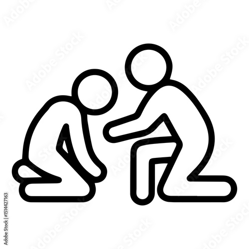 An (outline style) illustration of two stylized human figures kneeling, one dejected with head down and the other leaning in with an extended hand, denoting comfort, encouragement, empathy and support