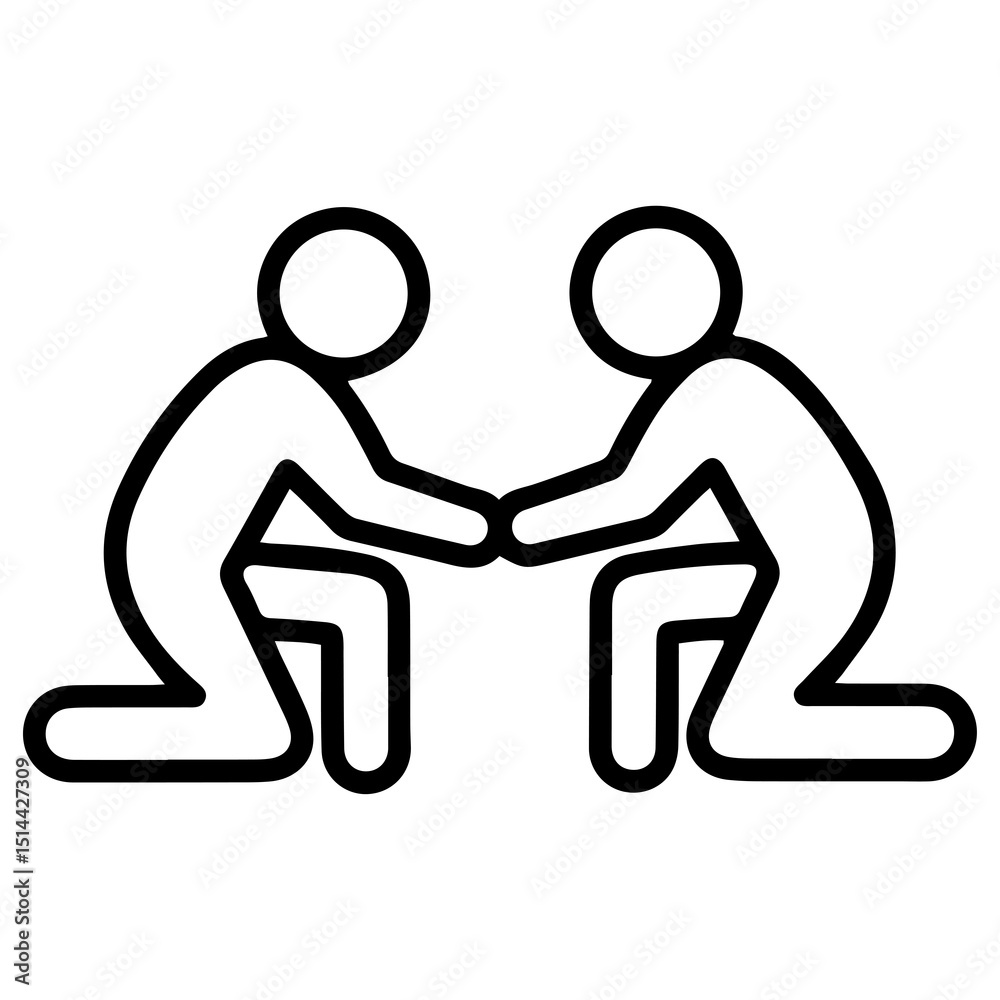 Fototapeta premium An (outline style) illustration of two stylized human figures kneeling and facing each other with hands touching, denoting a solemn agreement, a pledge, an oath, and mutual unbreakable commitment
