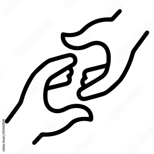 An (outline style) illustration of two stylized hands reaching towards each other, denoting offering help, seeking assistance, mutual connection, and support. Conveys a bridge between need and aid