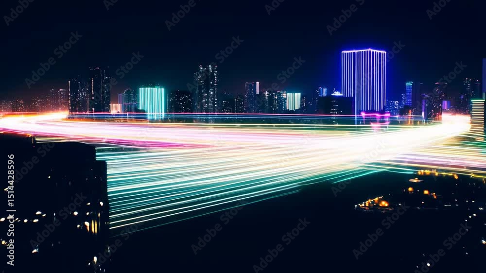 A city at night with light trails showcasing the hustle and bustle of urban life.