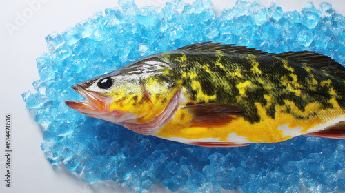 Fresh caught fish lying on crushed ice with vibrant yellow and black coloration freshwater fish seafood aquatic life cold storage