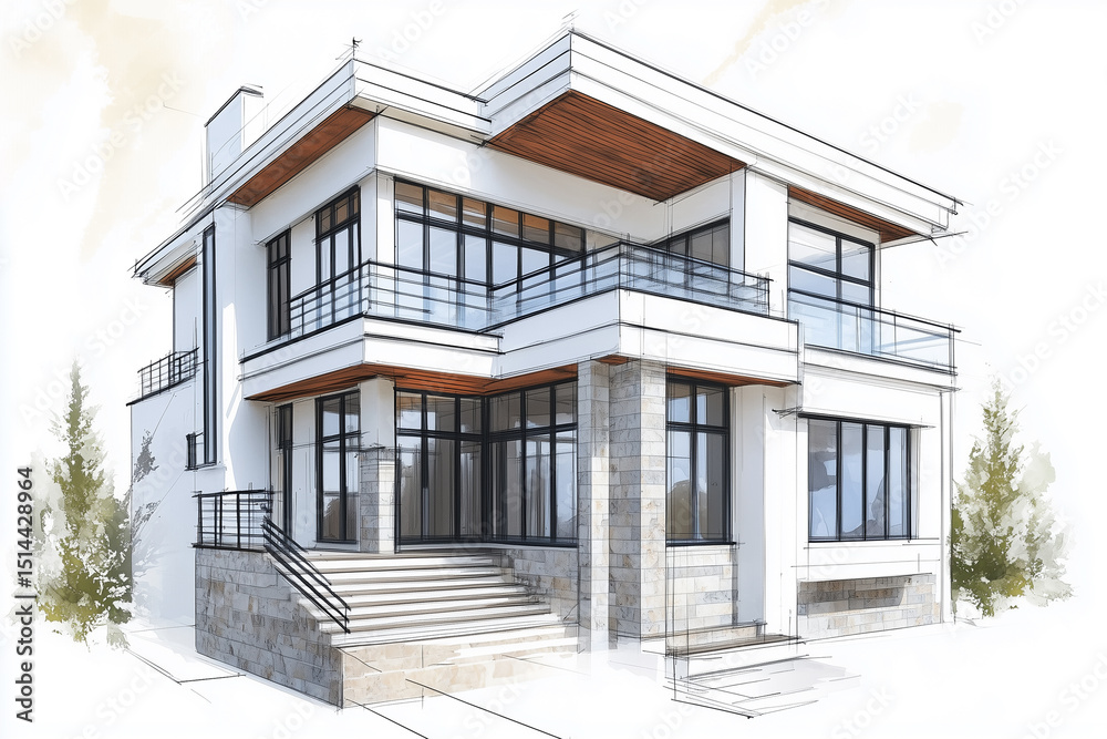 Fototapeta premium Modern blue and white urban residential building with a wooden balcony and large windows under a clear sky