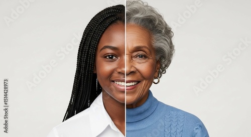 A split image showing a black african american woman with half the face young and the other half an old senior woman, age comparison, before and after, elderly, youth, mature, face, contrast, concept,